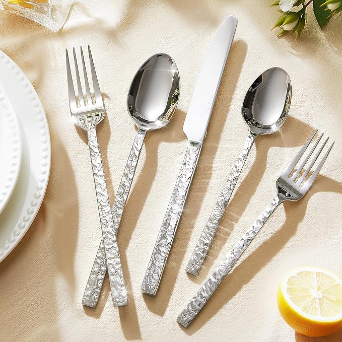 60 Pcs Hammered Silverware Set for 12, 18/10 Stainless Steel Heavy Duty - Image 3