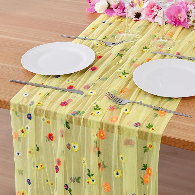 BINBE 1pcs Daisy Spring Table Runner Embroidery Gauze 10FT Florals Seasonal by BINBE