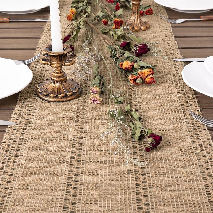Boho Table Runner Summer Farmhouse Burlap Dining Dresser Scarf Home Decor | - Image 2