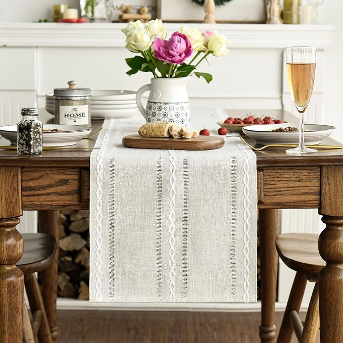Artoid Mode Beige Rustic Cotton Linen Table Runner, Seasonal Embroidered Hollow - Image 3