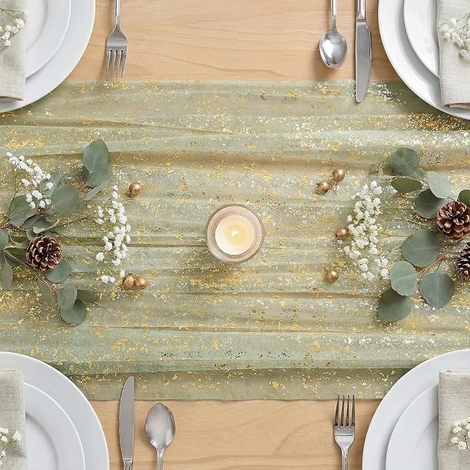 Artoid Mode Sage Green Gold Gauze Table Runner 59x120 Inch 10FT, Glitter - Image 5