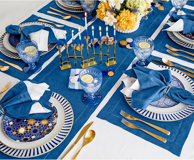 Solino Home 100% Pure Linen Table Runner Indigo Blue Hemstitch, 14 x 132 in | - Image 3
