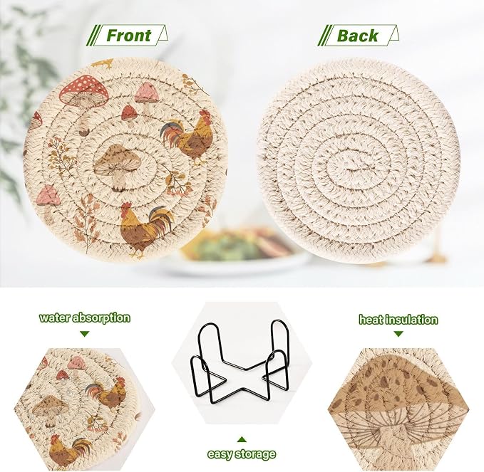 Fall Rooster Mushroom Beige Print Coasters - Image 4