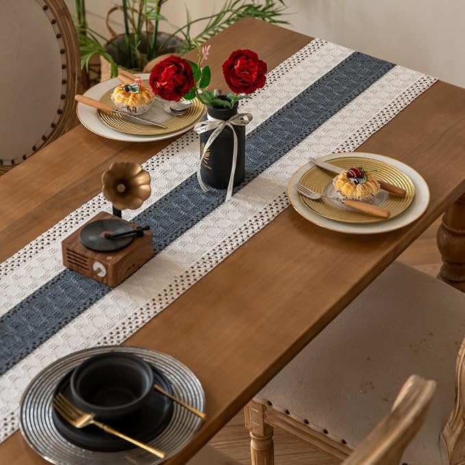 EMMTEEY Boho Table Runner with Tassels 72 Inches Long, Stone Blue | Handmade - Image 7