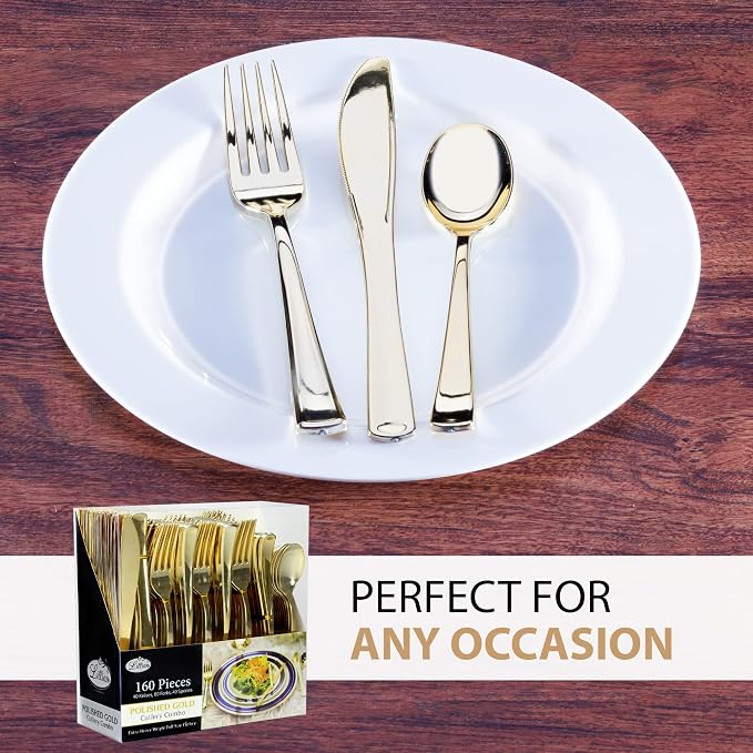 Gold Plastic Silverware Set, Extra Heavy Duty Flatware, Disposable Cutlery - Image 8