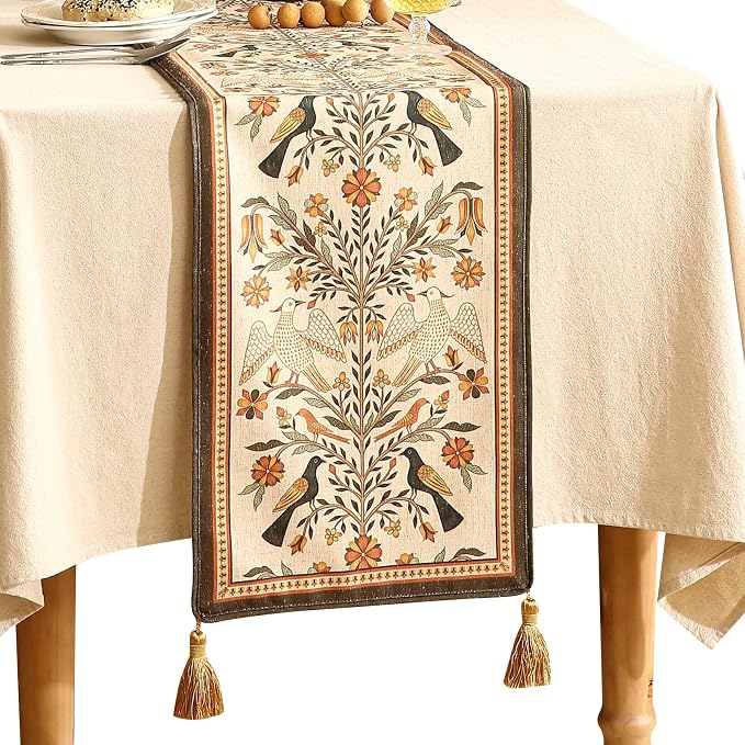 bilin gaier Designer French Linen Extra Long Table Runner, Floral Pattern by bilingaier