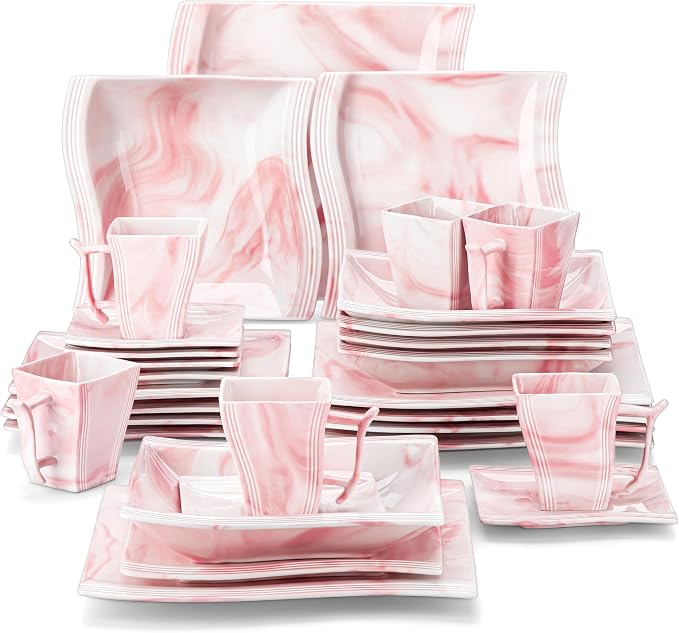 MALACASA Dinnerware Sets, 30-Piece Pink Plates and Bowls Sets by MALACASA