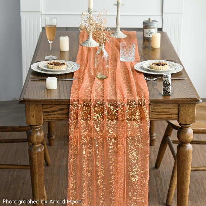 Artoid Mode 3PCS Orange Gold Gauze Table Runner 120 Inch 10FT, Glitter Metallic - Image 6