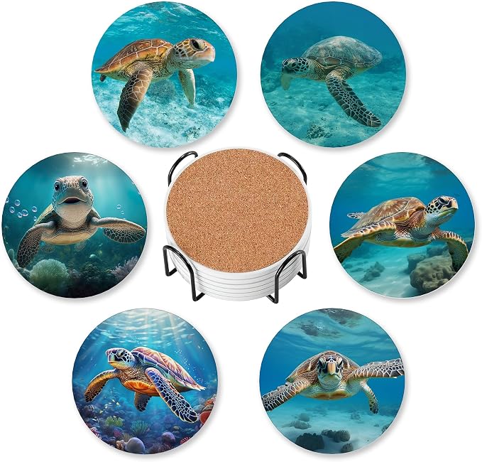 Drink Coasters for Drinks Set of 6, Sea Turtles Absorbent Round Ceramic Stone by TXIANT