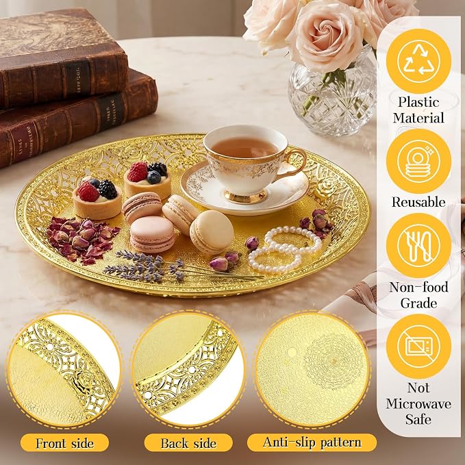 10 Pack Gold Plastic Serving Tray Bulk Lightweight Round Party Snack Serving - Image 5