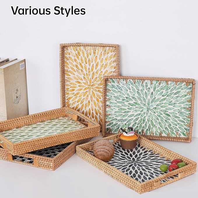 Rectangle Rattan Tray with Mother of Pearl Inlay, Rattan Serving Tray with - Image 3