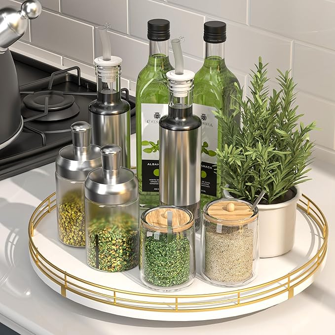 Oroyutor 13-Inch White and Gold Wooden Lazy Susan Spice Organizer | Rotating by Oroyutor