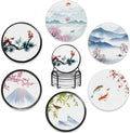 Drink Coasters Set of 6 with Holder, Japanese Cherry Blossom and Fujiyama by BUYIDUI