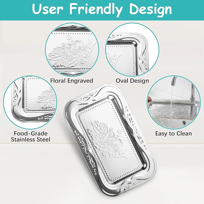 Silver Serving Tray Set of 6, 14 x 9 Inch Silver Platters - Image 7