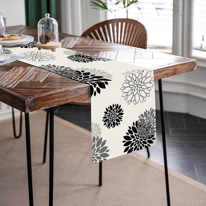 Black Gray Table Runner Dahlia Pinnata Flower Beige Table Runners Modern - Image 4