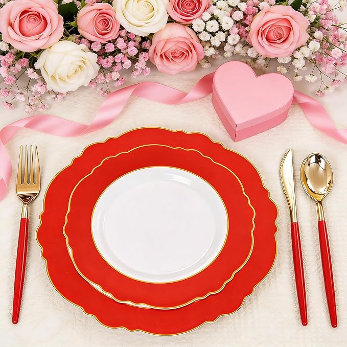 60pcs Red Plastic Plates with Gold Rim - Image 7