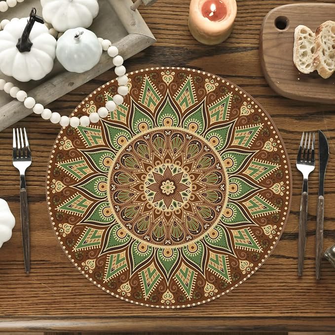 Artoid Mode Brown Yellow Mandala Round Placemats Set of 4, 14 Inch Seasonal - Image 2