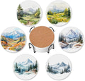 6 Pcs Drink Coasters with Holder, Mountain Landscape Watercolor Absorbent Round by TXIANT