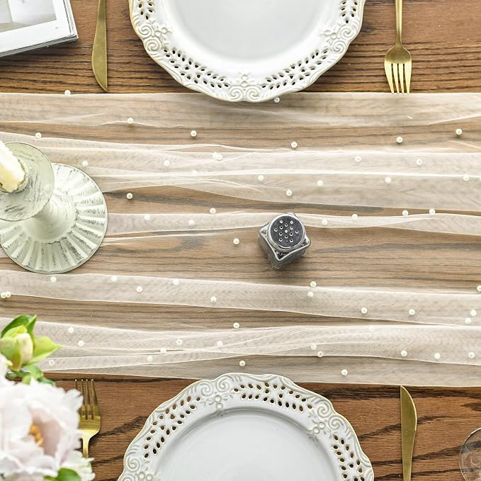 Artoid Mode 10PCS Pearl Beige Gauze Table Runner 120 Inch 10FT, Seasonal Sheer - Image 2
