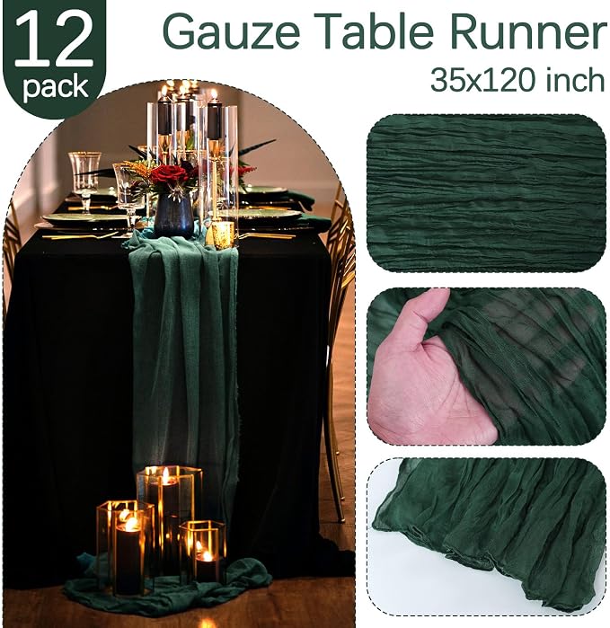 12 Pack Emerald Green Cheesecloth Table Runner 35 x 120 Inch | Boho Gauze Fabric - Image 3