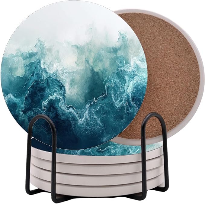 Dark Blue and White Marble Round Coasters Set of 6 by Unknown