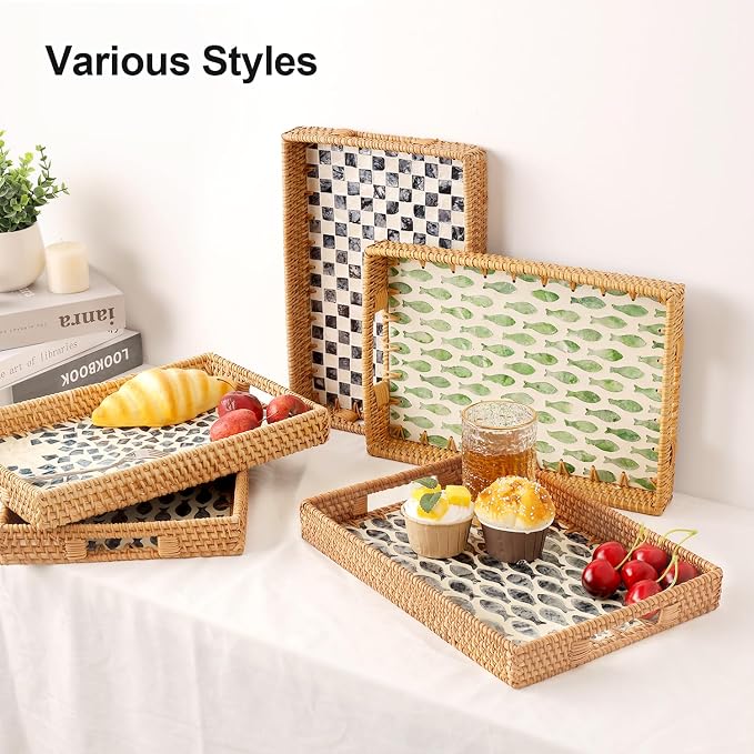 Rectangle Rattan Tray with Mother of Pearl Inlay, Rattan Serving Tray with - Image 2