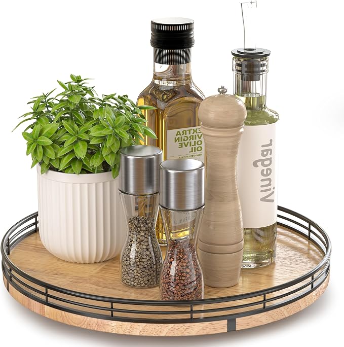 AMH 12-Inch Farmhouse Oak Lazy Susan Organizer | Smooth rotating oak tray by AMH