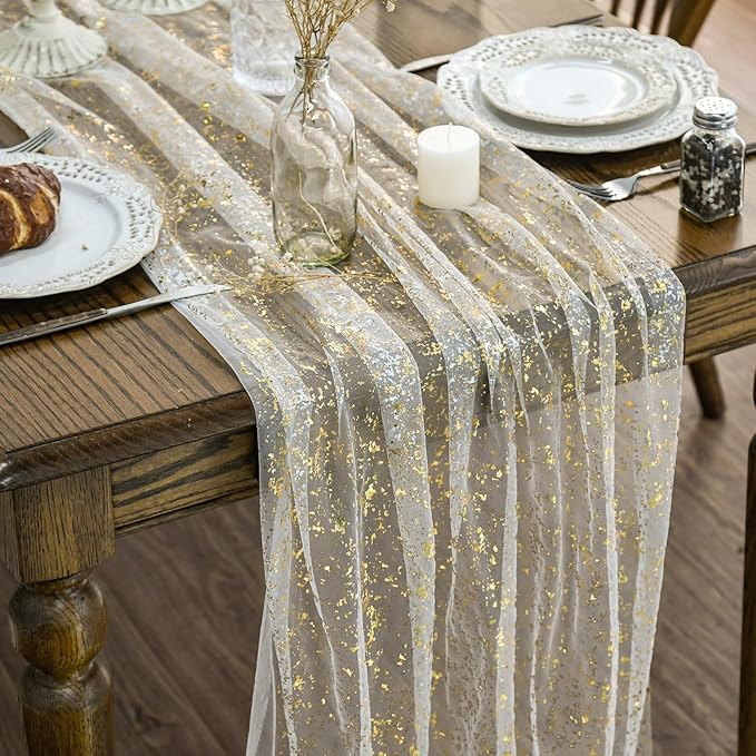 Artoid Mode 3Pcs Beige Gold Gauze Table Runner 120 Inch 10FT, Glitter Metallic by ArtoidMode