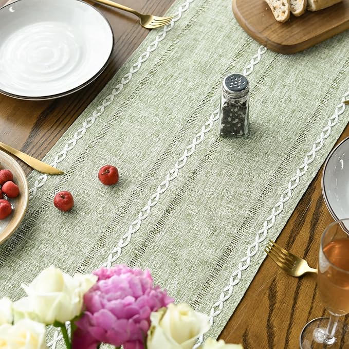 Artoid Mode Sage Green Rustic Cotton Linen Table Runner, Seasonal Embroidered - Image 4