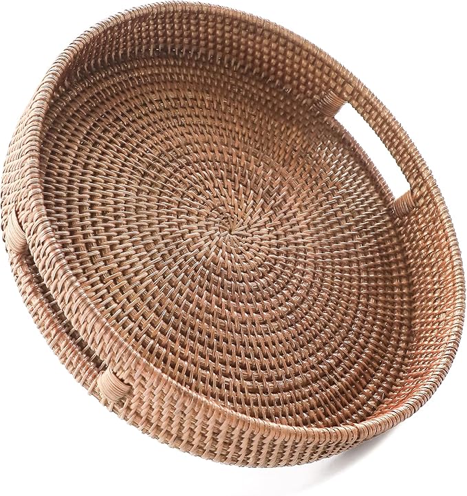 HITOMEN 14.2" Hand-Woven Round Rattan Serving Tray Decorative Ottoman Wicker by HITOMEN