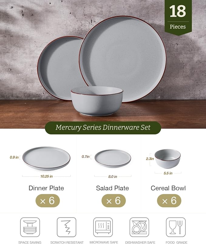 Famiware Mercury 18-Piece Stoneware Dinnerware Set, Light Grey | Plates and - Image 2