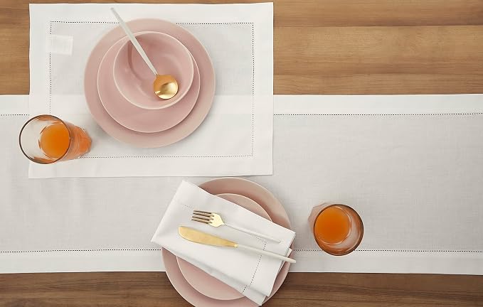 Solino Home Cotton Linen Dining Table Runner White Hemstitch, 14 x 144 in | - Image 3