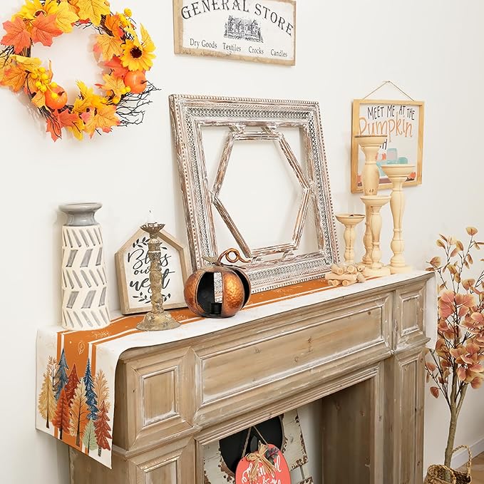 Fall Watercolor Tree & Maple Leaves Striped Table Runner 13x36 Inch, Rustic - Image 6