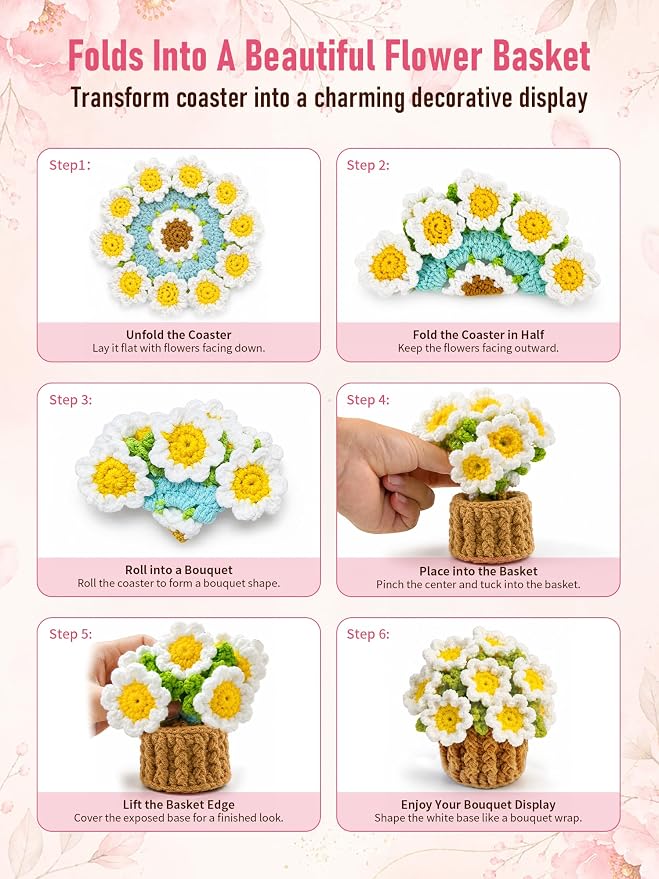 Crochet Flower Bouquet Coasters, Cotton Daisy Gift - Image 3