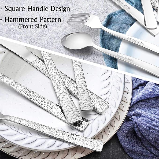E-far Hammered Silverware Set for 8, Cutlery Set for Home, Mirror Polished & - Image 4