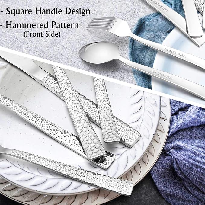 E-far 20-Piece Hammered Silverware Set, Stainless Steel Square Flatware Set - Image 4