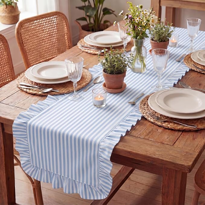 HunnmingRe Ruffle Trim Boho Table Runner Farmhouse Rustic Stripes Scalloped - Image 8