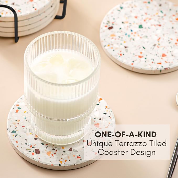 Terrazzo Coasters Set of 6, Colorful Boho Absorbent Ceramic Coasters | Speckled - Image 7