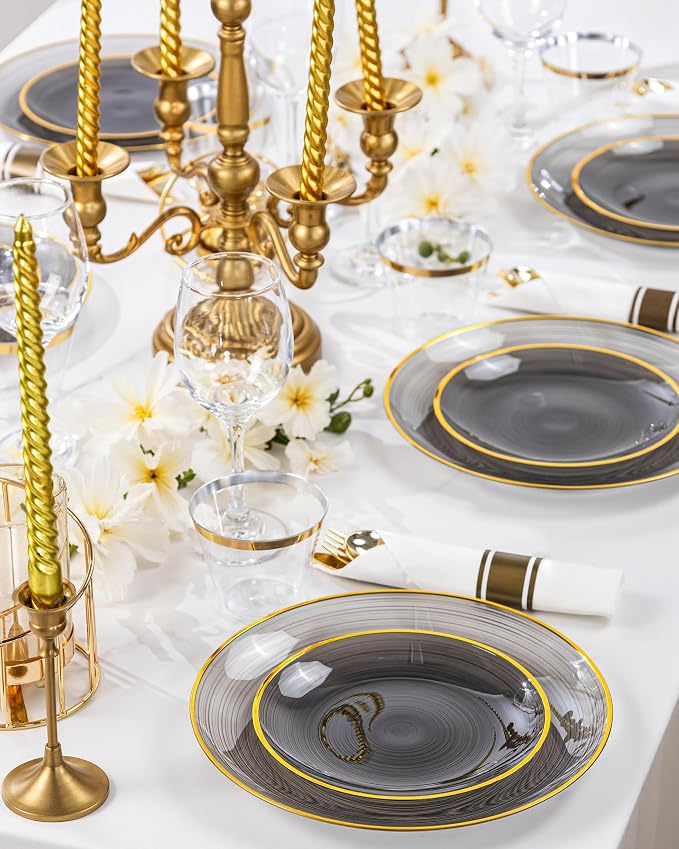 Morejoy 60Pcs Black Plastic Plates, Modern swirl design Plates Include 30 - Image 6