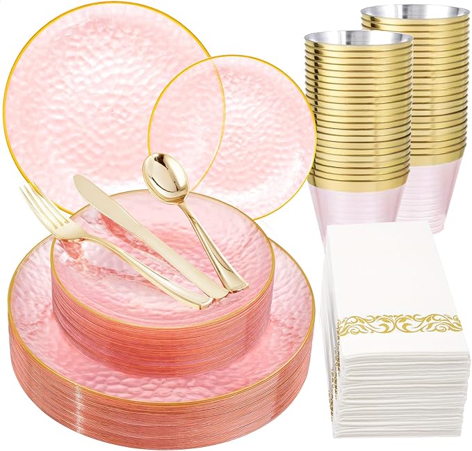 Rubtlamp 175 Pcs Pink Plastic Plates Dinnerware Set, Hammered Party Platos Set by Rubtlamp