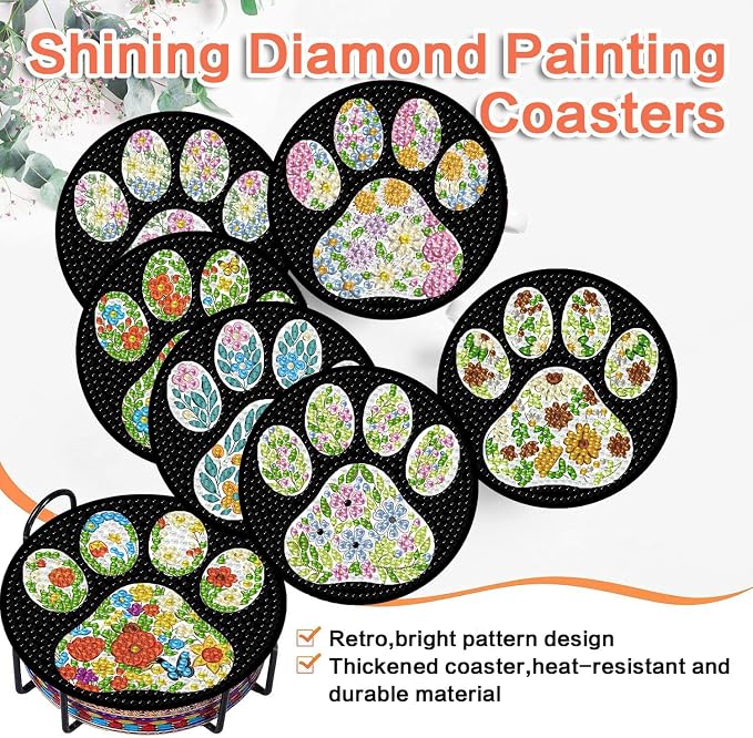 ijbnhd 8 Pcs Flower Diamond Art Coasters Kits 4x4 inch | Dog Paw Diamond - Image 8