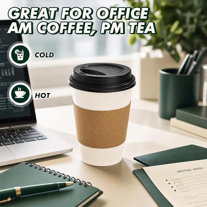 12 oz Coffee Cups with Lids and Sleeves 100 Pack, Thickened Paper Cups - Image 6