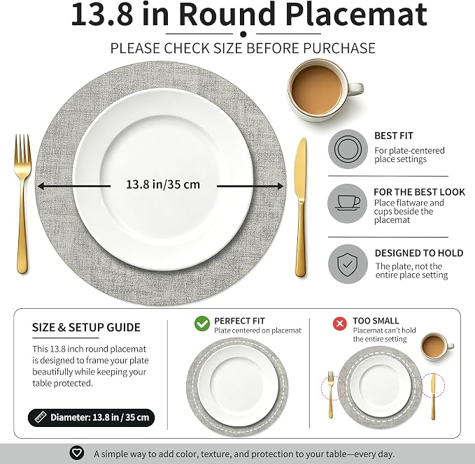 Maxpearl Faux Leather Round Placemats Set of 6, 13.8 inch, Heat Resistant - Image 3