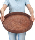 16.9 inch Round Rattan Tray, Woven Large Serving Tray by YANGQIHOME