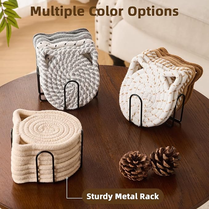 Coasters Set of 8 with Holder for Drinks, Absorbent Cotton Woven Coasters for - Image 6