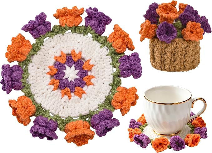Crochet Flower Coasters, Handmade Bouquet Coasters by VaneOak