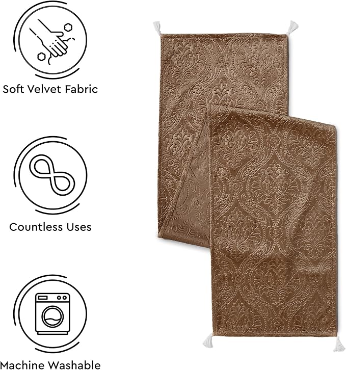 Encasa XO Table Runner, Embossed Velvet, Elegant 13"x72" | Coffee, 175 GSM - Image 4