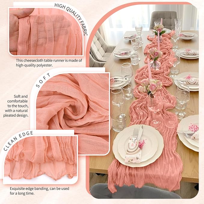 Showgeous 2 Pack Coral Cheesecloth Table Runners Boho Wedding Decor | Rustic - Image 3
