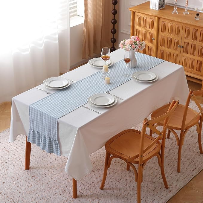 Light Blue White Plaid Gingham Ruffle Table Runner 108 inches Long 100% Washed - Image 2