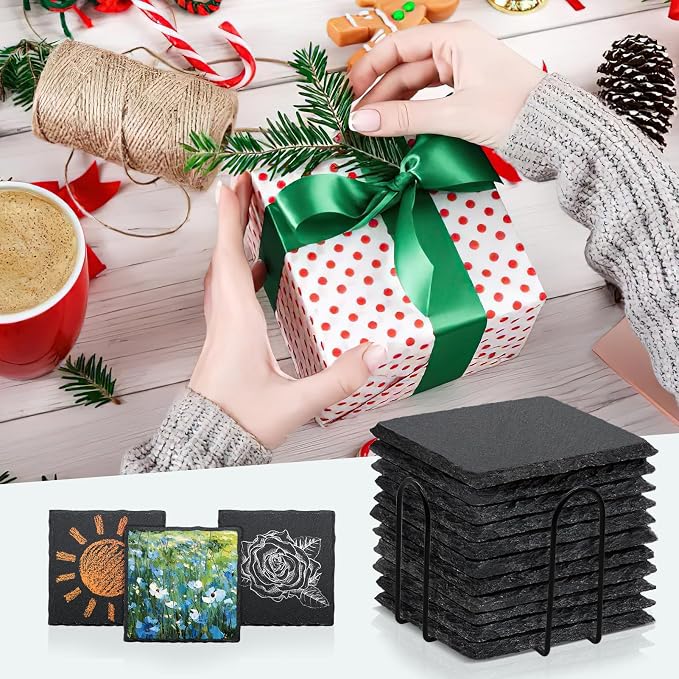 8 Pack 4 Inch Square Black Slate Coasters Set - Image 6